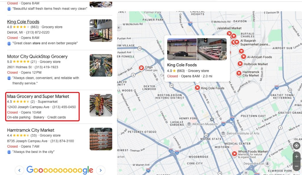 Google Search Results showing Maa Grocery ranking